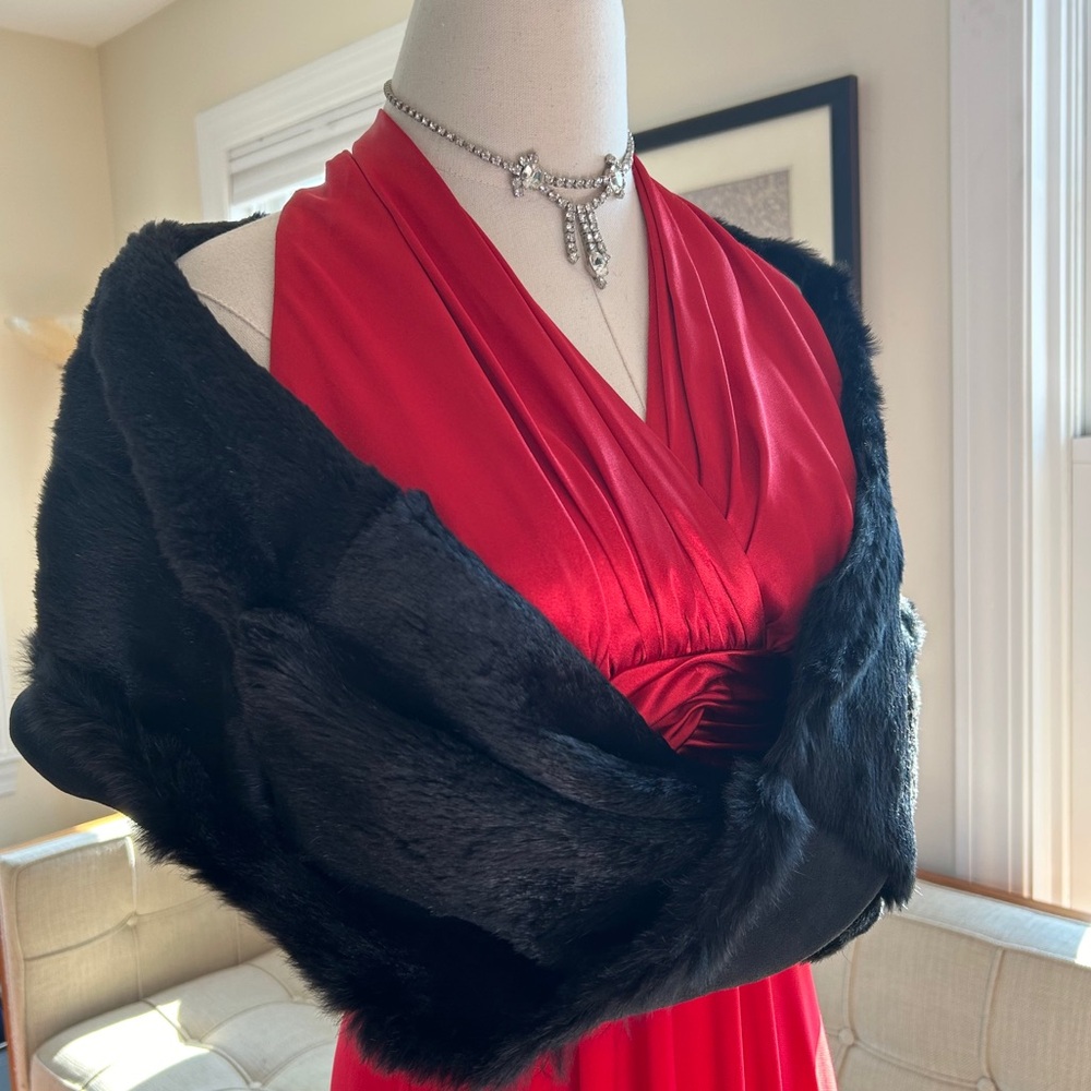 Emporio Armani Black Fur Stole Over Red Dress